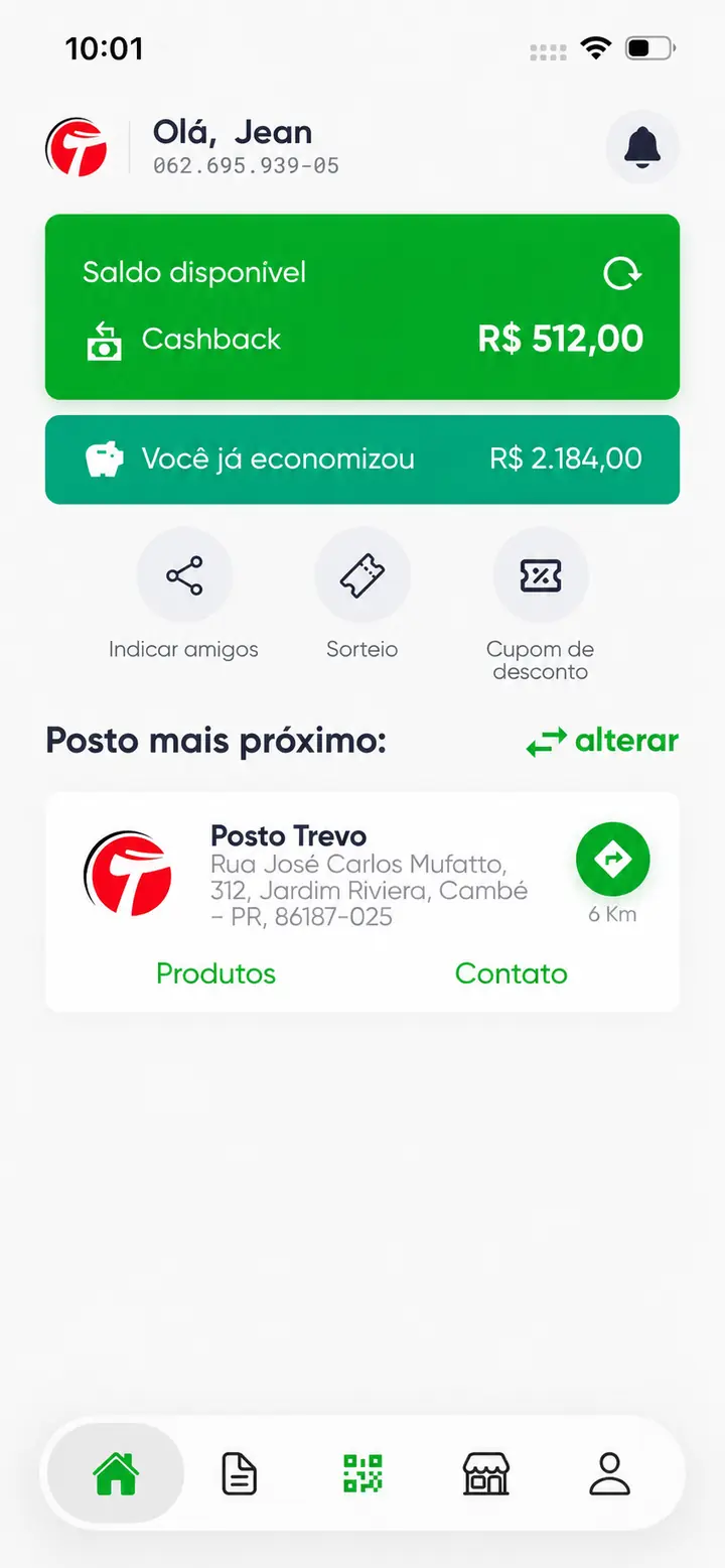Tela do aplicativo mostrando cashback e economia acumulada