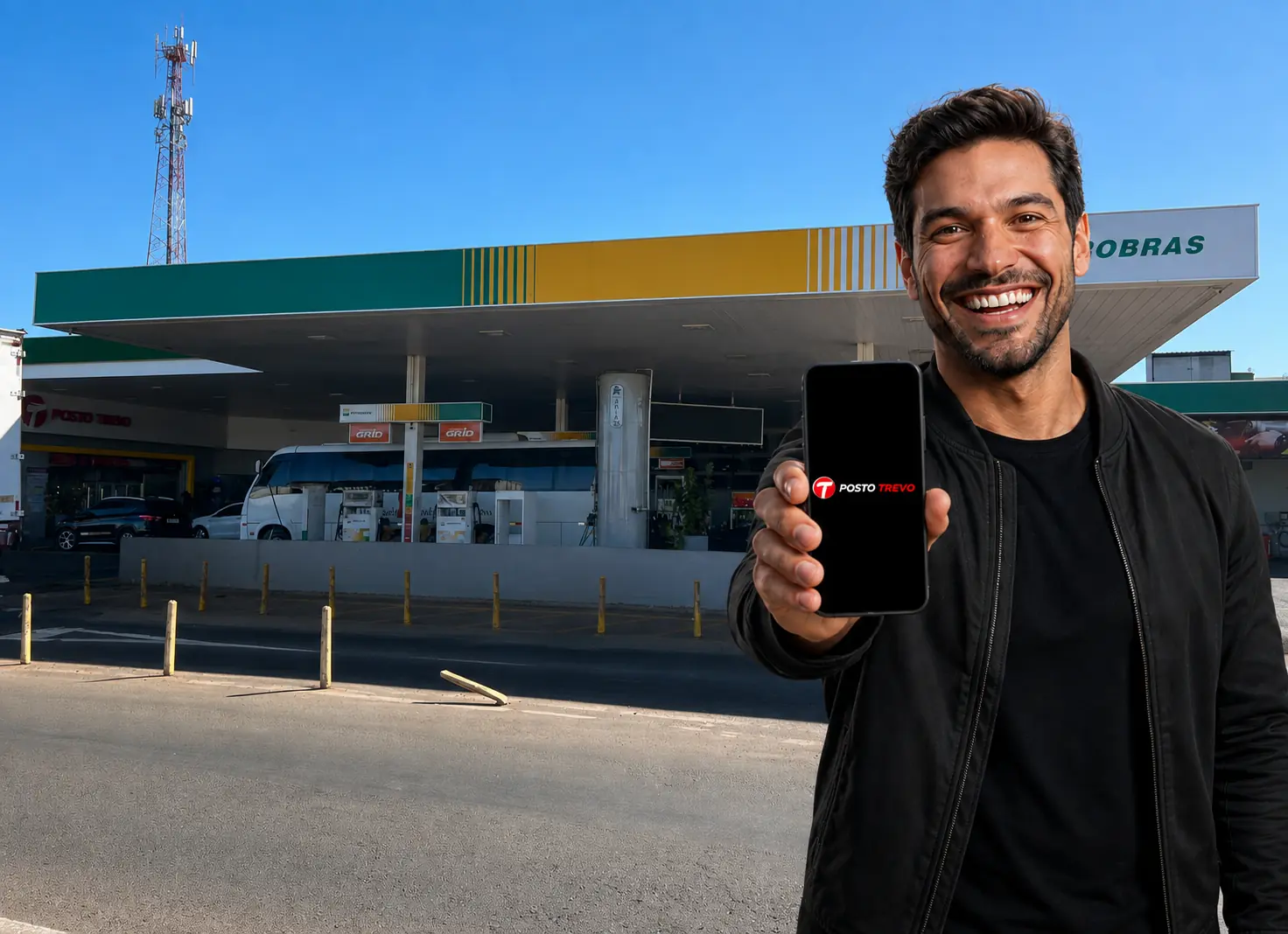 Cliente feliz apresentando o aplicativo do Posto Trevo